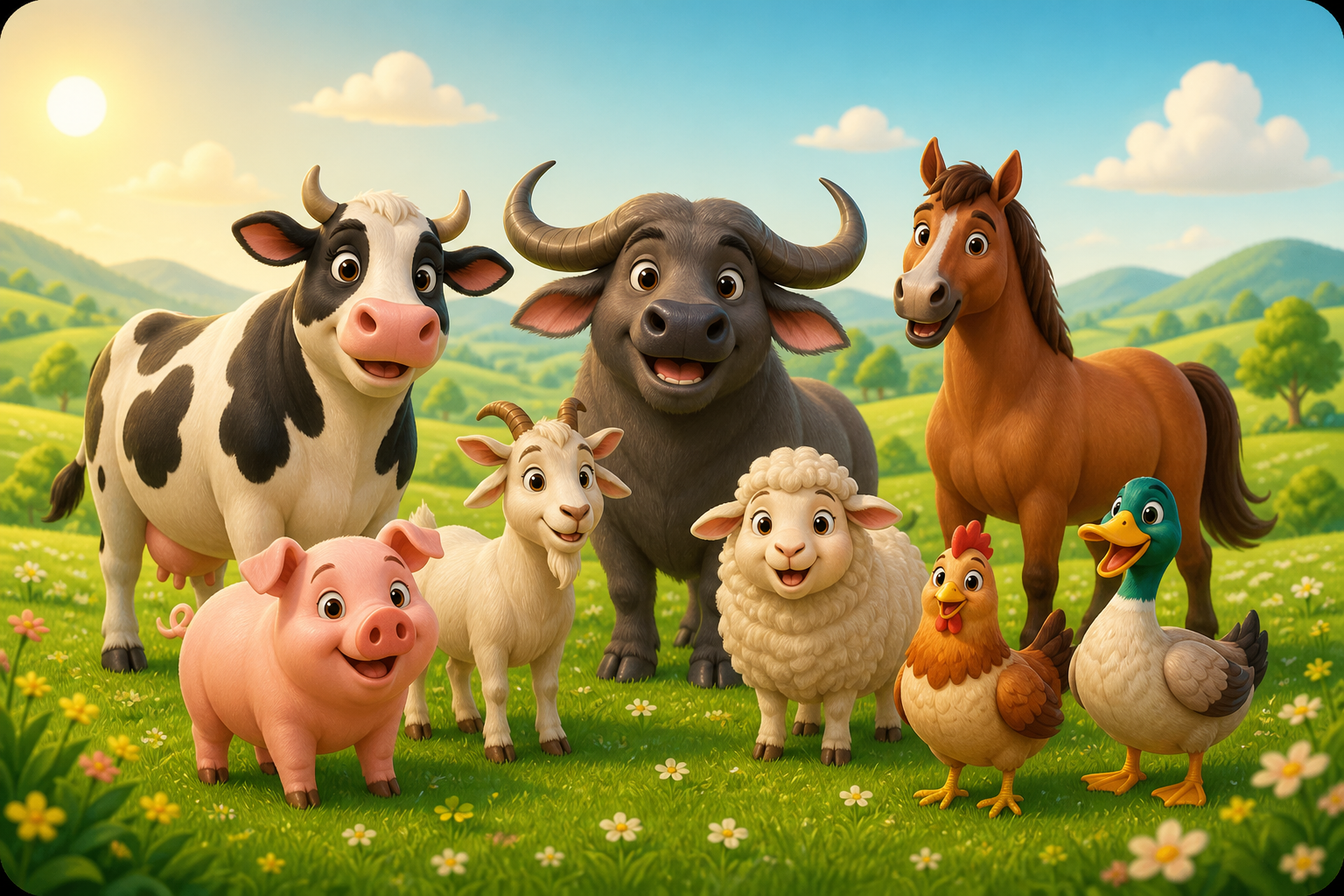 Ilustrasi lucu sapi, kerbau, kuda, kambing, domba, babi, ayam, dan itik di padang rumput
